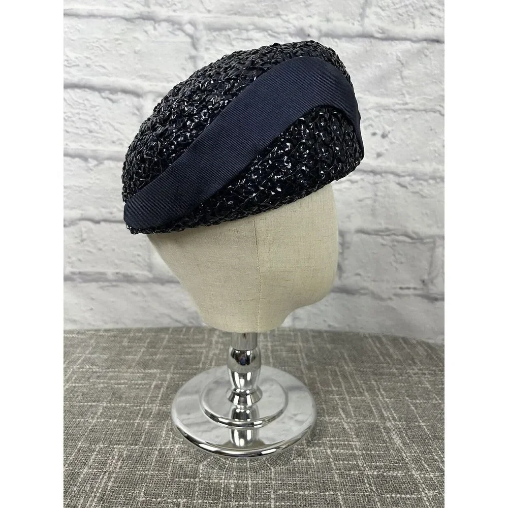 Vintage Trebor 1950s Lacquered Raffia Woven Hat Turban Bubble Navy Blue With Box